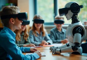 Four children wearing virtual reality headsets sit at a table across from a humanoid robot, also wearing a VR headset, in a brightly lit classroom or meeting room.