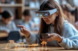 A girl wearing augmented reality glasses interacts with 3D holographic models at a desk, using a smartphone, while other students study in the background.