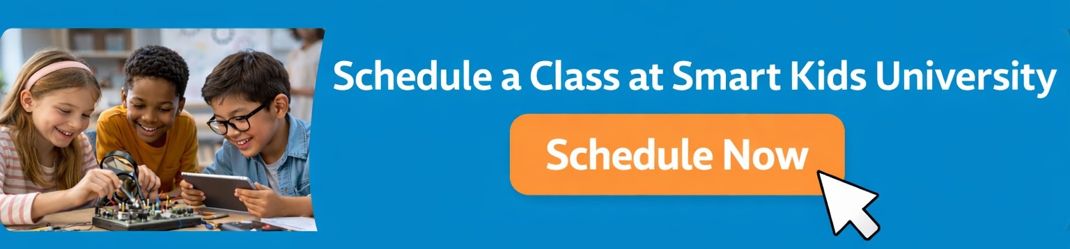 Three smiling children work together on a project with a robot and a tablet. Text reads, Schedule a Class at Smart Kids University. A large orange button says, Schedule Now with a cursor pointing to it.