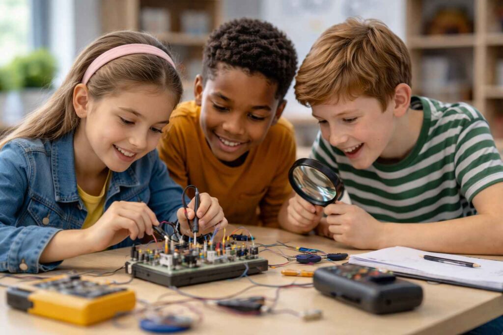 Three children sit at a table, smiling and working on an electronics project. One girl adjusts wires, while a boy uses a magnifying glass to look closer. Another boy watches, and various tools and components are spread out on the table.