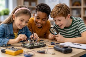 Three children sit at a table, smiling and working on an electronics project. One girl adjusts wires, while a boy uses a magnifying glass to look closer. Another boy watches, and various tools and components are spread out on the table.